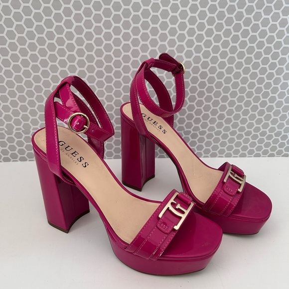 Guess Shoes - Guess Hot Pink Platform Women’s Block Heel Ankle Strap & Gold G Top Size 7 1/2M